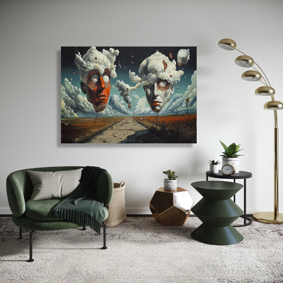 Surreal Floating Heads Print, Cloud Mind Canvas Art, Dreamlike Symbolic Landscape, Andre Breton Style, Desolate Road Unique Decor