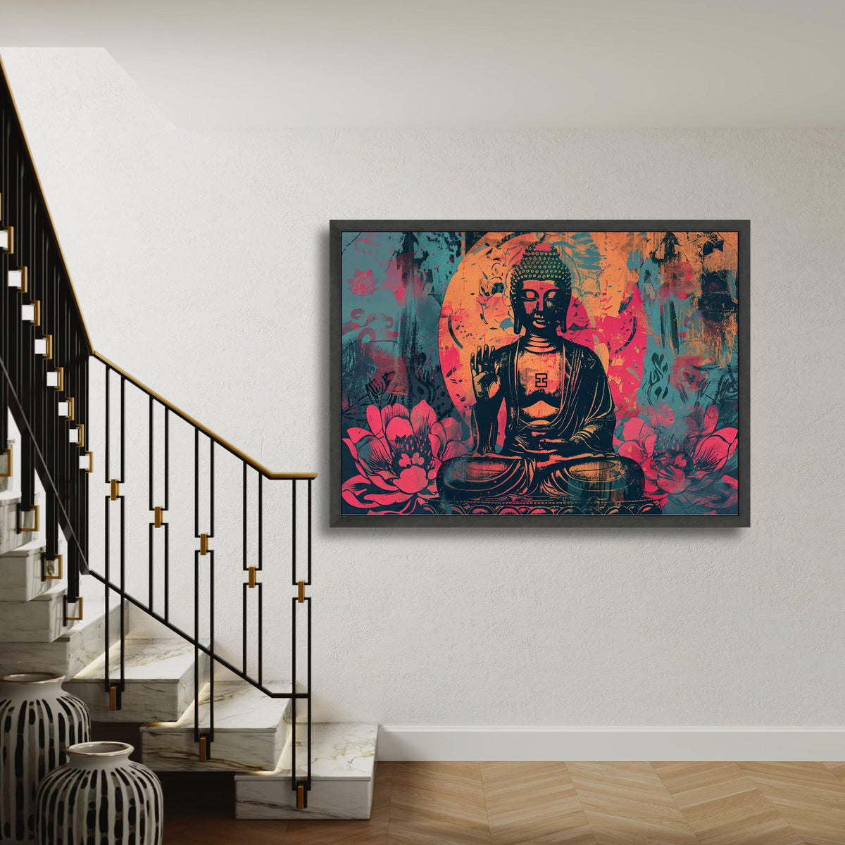 Modern Buddha Pop Art Canvas, Spiritual Lotus Print, Vibrant Street Style Decor, Graphic Meditation Gift, Pink Blue Orange Colors