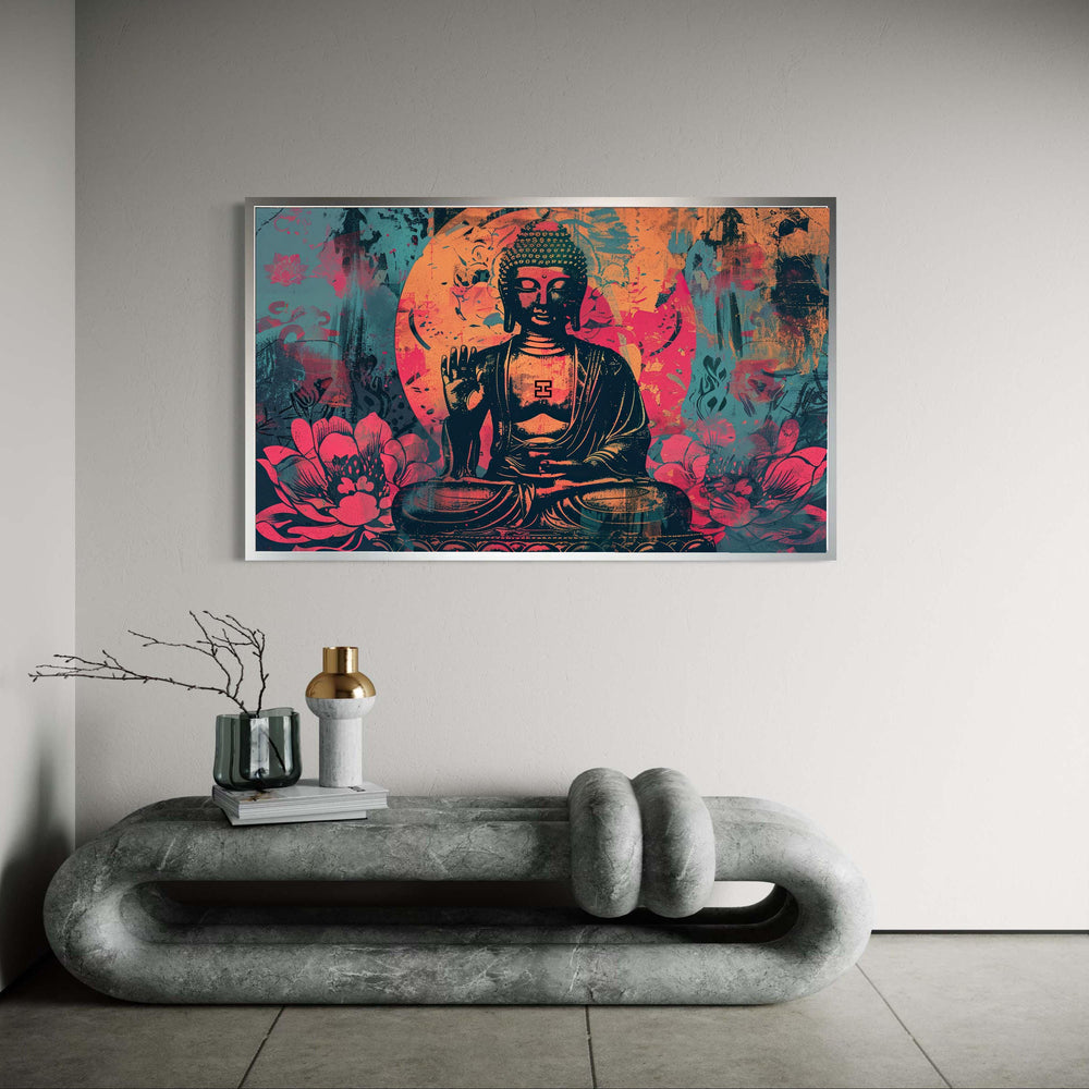 Modern Buddha Pop Art Canvas, Spiritual Lotus Print, Vibrant Street Style Decor, Graphic Meditation Gift, Pink Blue Orange Colors