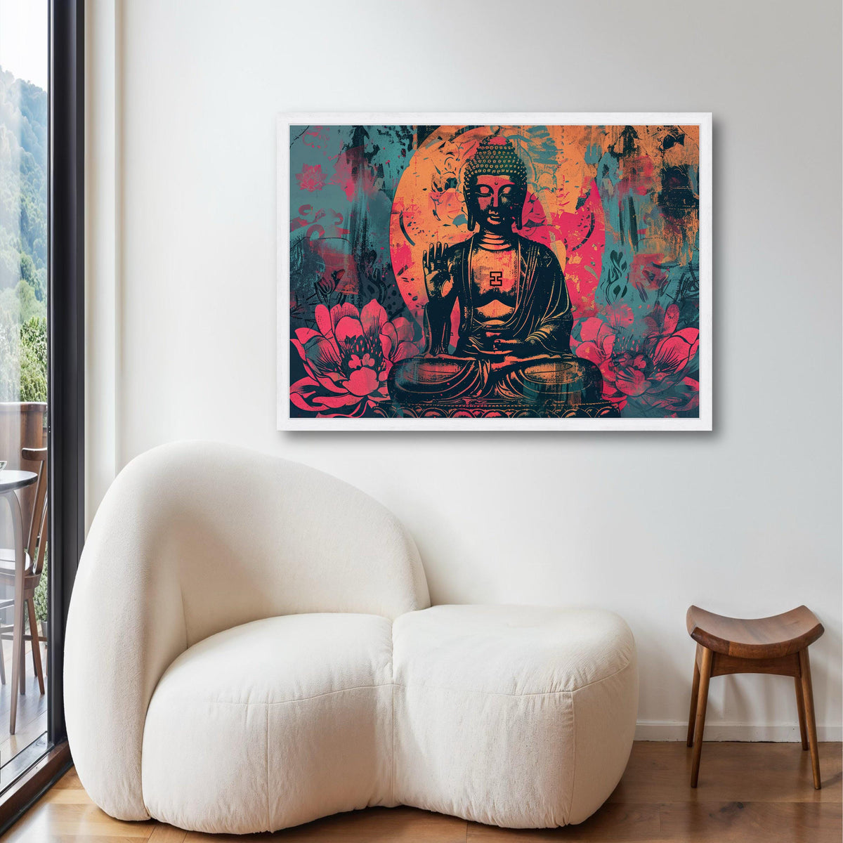 Modern Buddha Pop Art Canvas, Spiritual Lotus Print, Vibrant Street Style Decor, Graphic Meditation Gift, Pink Blue Orange Colors