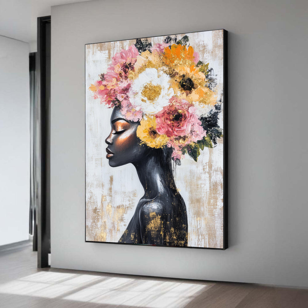 Floral Crown Black Art, Gold Leaf Impasto Style Print, Elegant Woman Canvas, Pink Yellow Portrait, Modern African American Decor