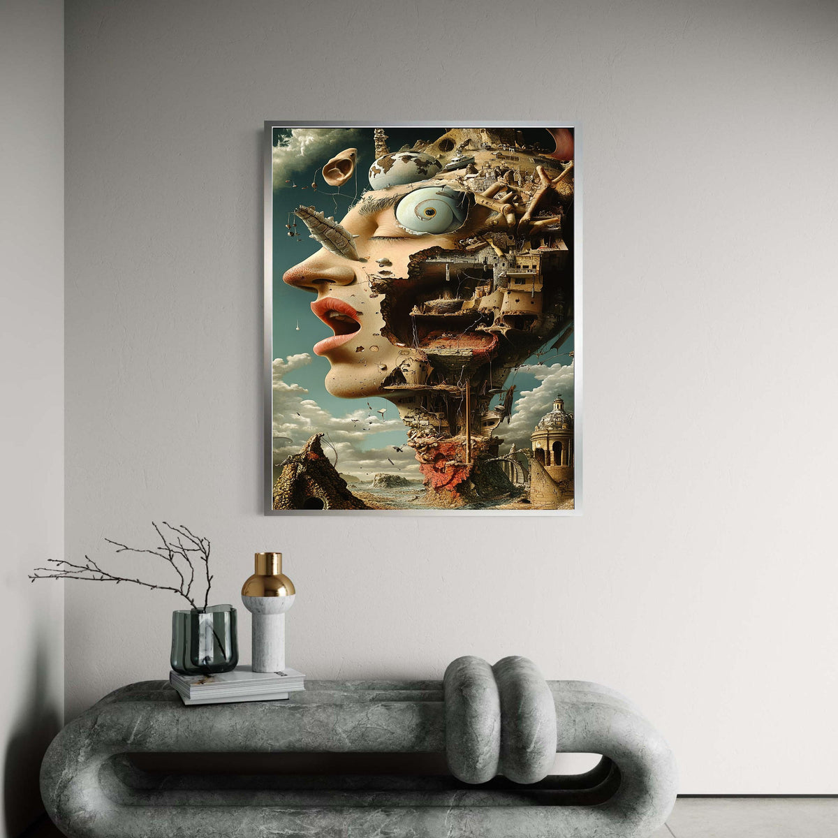 Surreal City Head Art, Dali Inspired Woman Face Print, Morski Style Canvas, Architectural Detail, Unique Statement Fantasy Decor