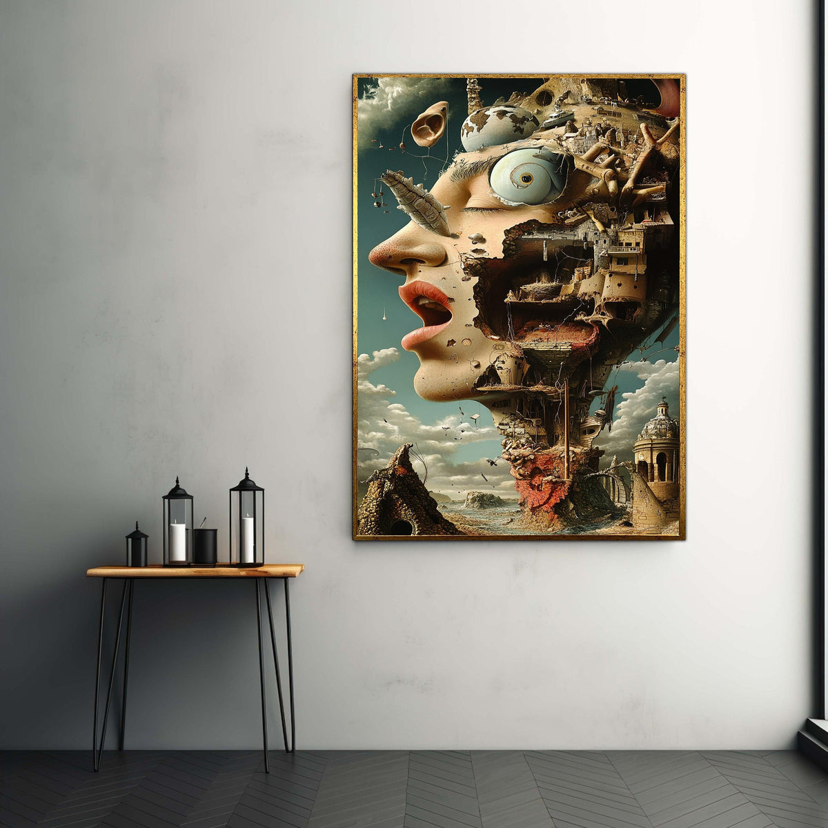 Surreal City Head Art, Dali Inspired Woman Face Print, Morski Style Canvas, Architectural Detail, Unique Statement Fantasy Decor