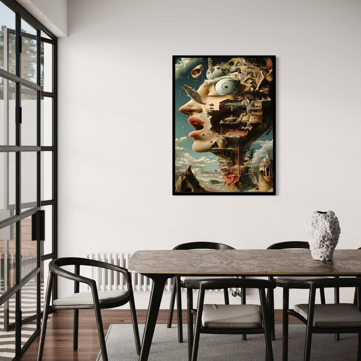 Surreal City Head Art, Dali Inspired Woman Face Print, Morski Style Canvas, Architectural Detail, Unique Statement Fantasy Decor