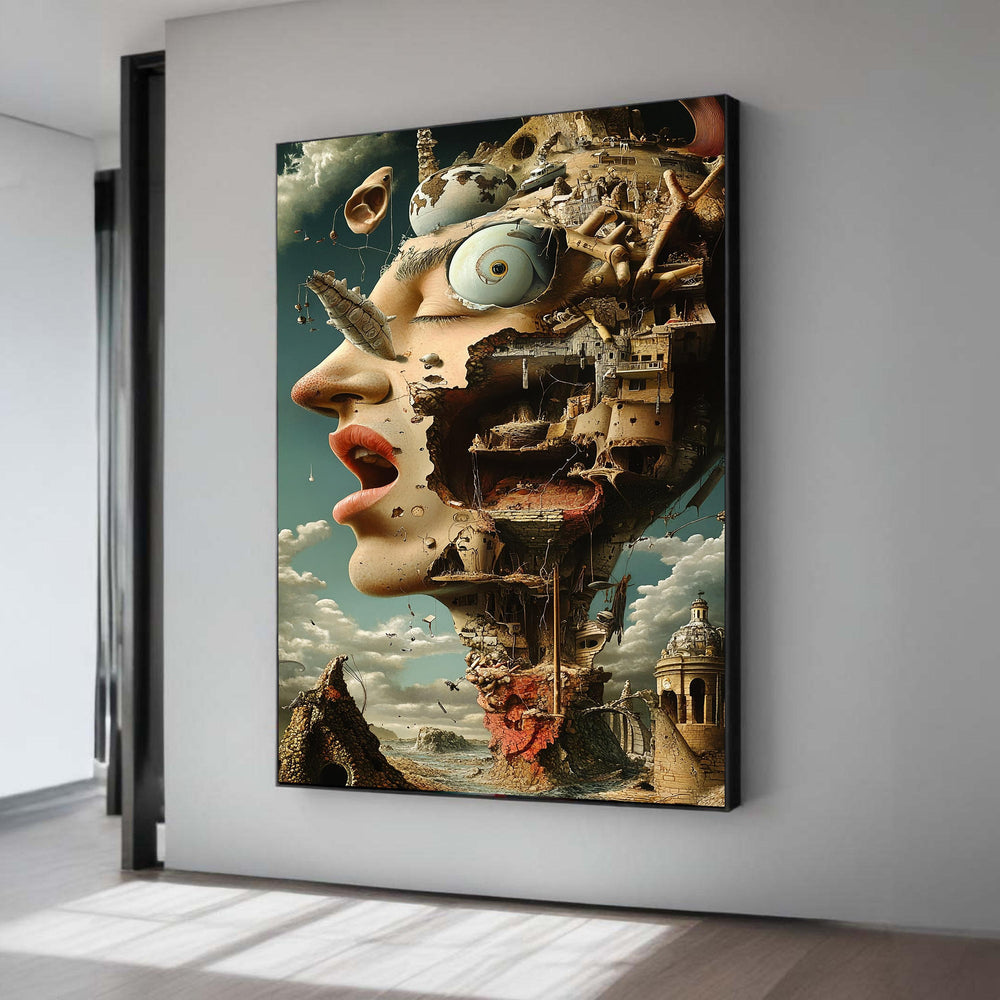 Surreal City Head Art, Dali Inspired Woman Face Print, Morski Style Canvas, Architectural Detail, Unique Statement Fantasy Decor