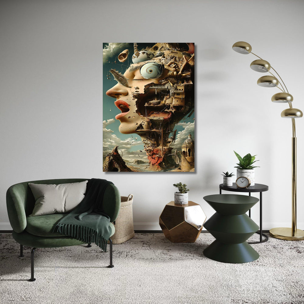 Surreal City Head Art, Dali Inspired Woman Face Print, Morski Style Canvas, Architectural Detail, Unique Statement Fantasy Decor