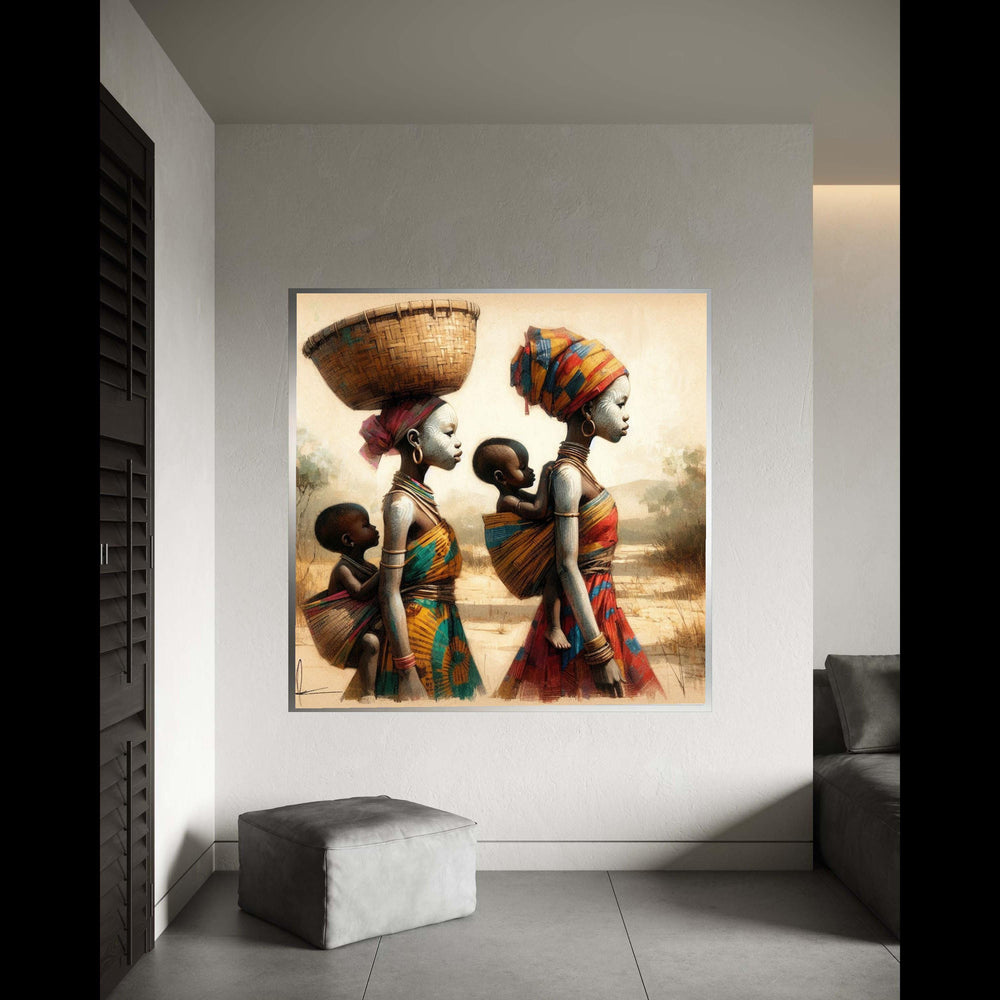 Madagascar Mothers Canvas Art, African Women Child Print, Tribal Family Portrait, Warm Tone Cultural Decor, Joyful Spirits Painterly