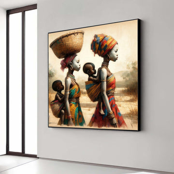 Madagascar Mothers Canvas Art, African Women Child Print, Tribal Family Portrait, Warm Tone Cultural Decor, Joyful Spirits Painterly