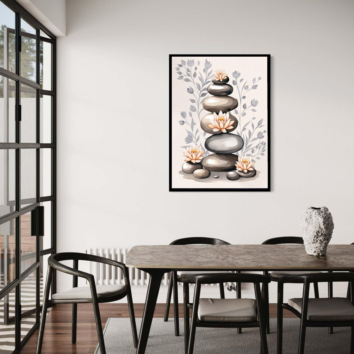 Stacked Zen Stones Canvas, Lotus Flower Watercolor Art, Serene Meditation Print, Minimalist Spiritual Decor, Grey Pink Yoga Gift