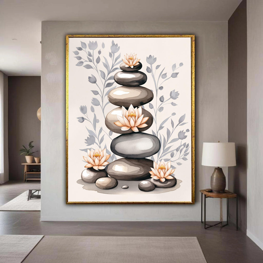 Stacked Zen Stones Canvas, Lotus Flower Watercolor Art, Serene Meditation Print, Minimalist Spiritual Decor, Grey Pink Yoga Gift