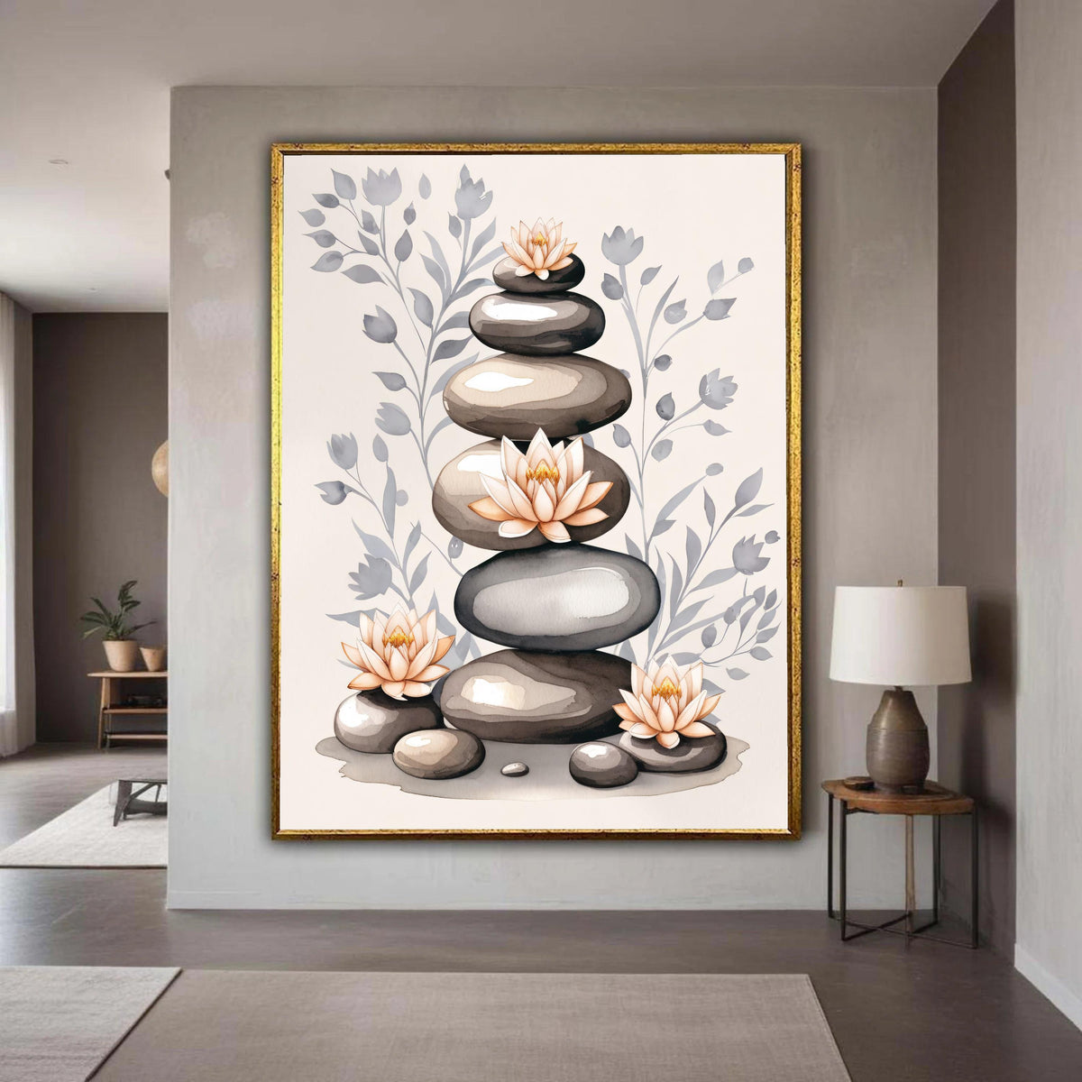Stacked Zen Stones Canvas, Lotus Flower Watercolor Art, Serene Meditation Print, Minimalist Spiritual Decor, Grey Pink Yoga Gift