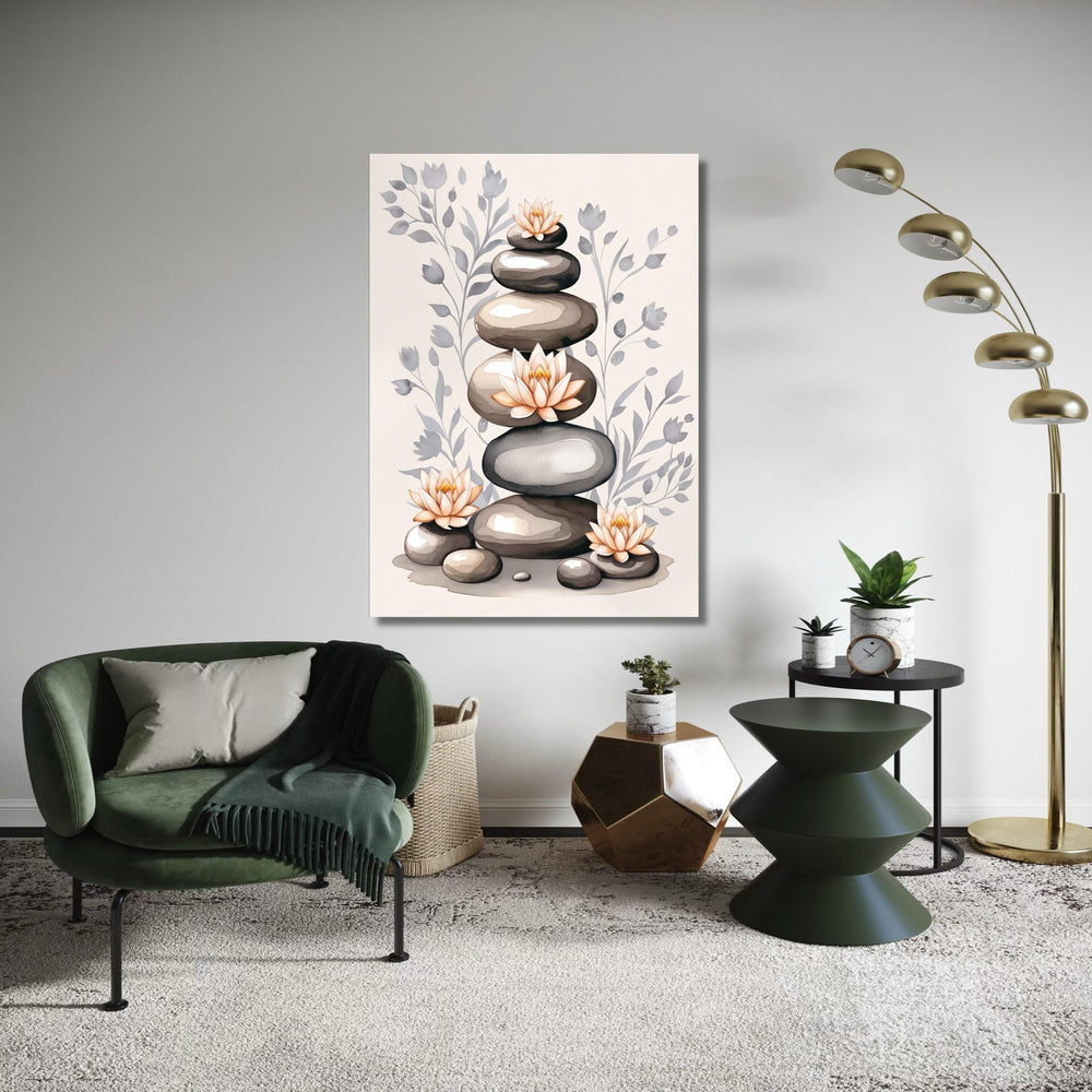 Stacked Zen Stones Canvas, Lotus Flower Watercolor Art, Serene Meditation Print, Minimalist Spiritual Decor, Grey Pink Yoga Gift
