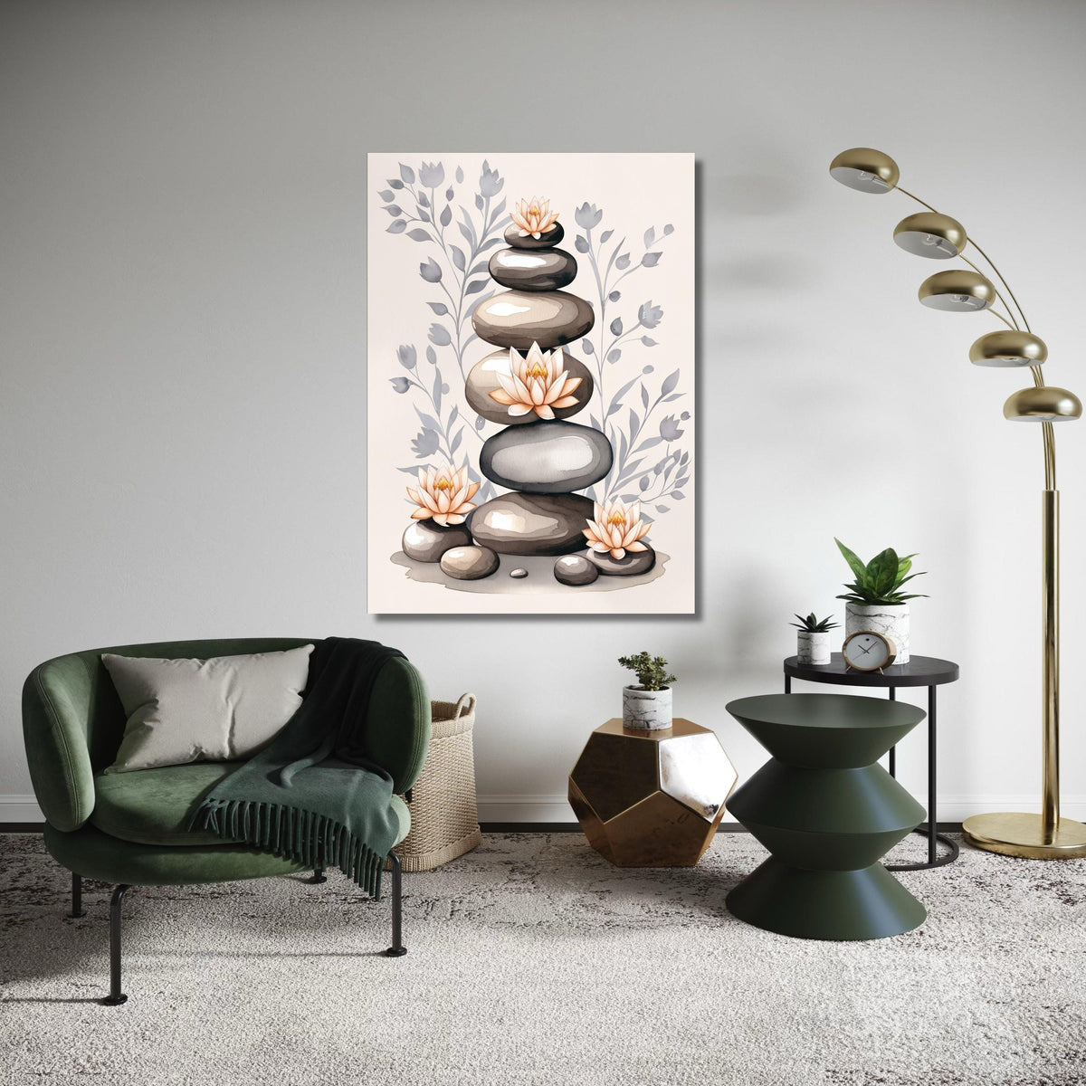 Stacked Zen Stones Canvas, Lotus Flower Watercolor Art, Serene Meditation Print, Minimalist Spiritual Decor, Grey Pink Yoga Gift