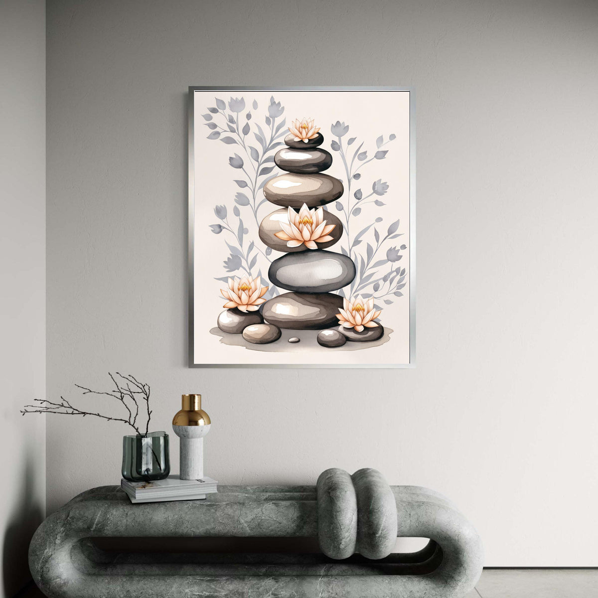Stacked Zen Stones Canvas, Lotus Flower Watercolor Art, Serene Meditation Print, Minimalist Spiritual Decor, Grey Pink Yoga Gift