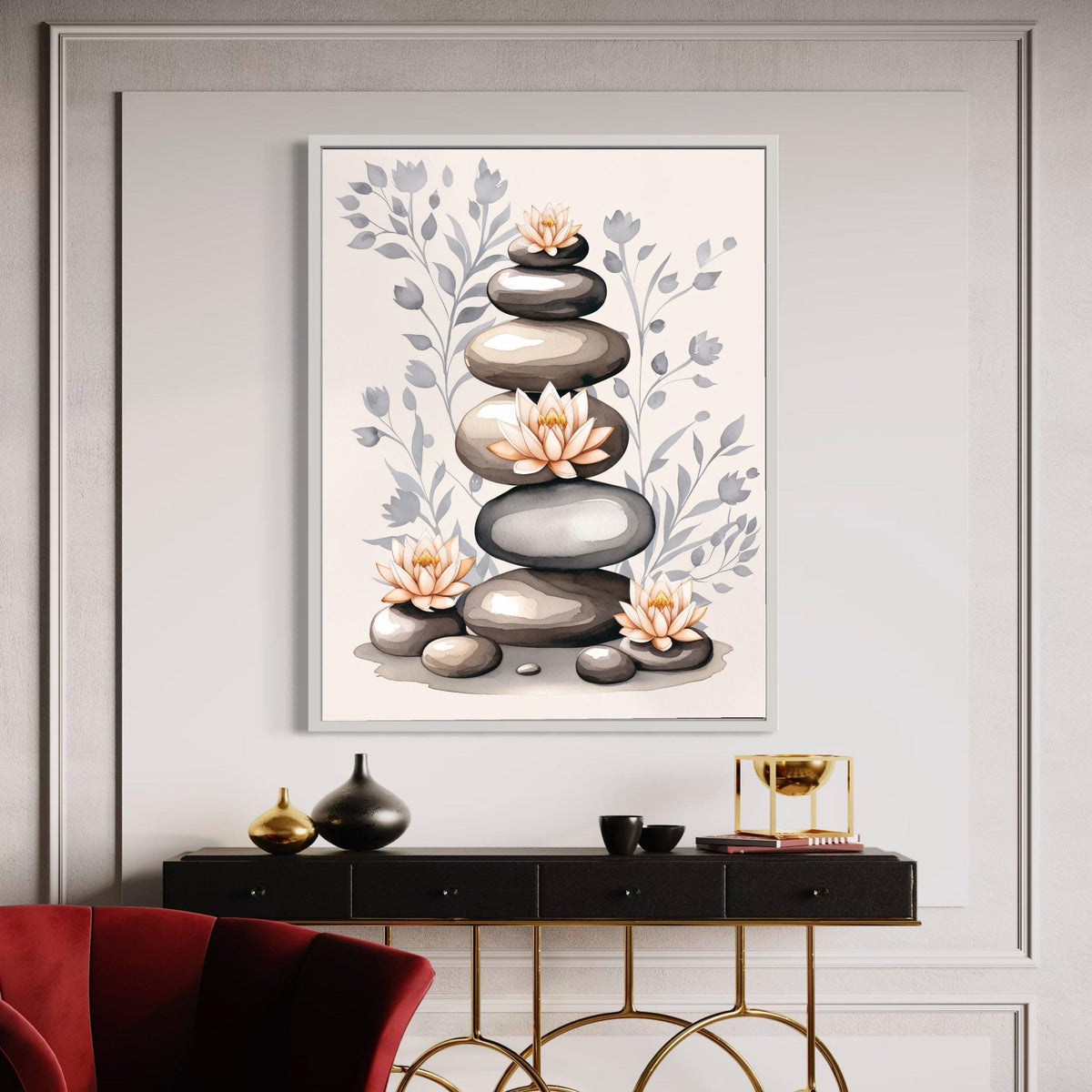 Stacked Zen Stones Canvas, Lotus Flower Watercolor Art, Serene Meditation Print, Minimalist Spiritual Decor, Grey Pink Yoga Gift
