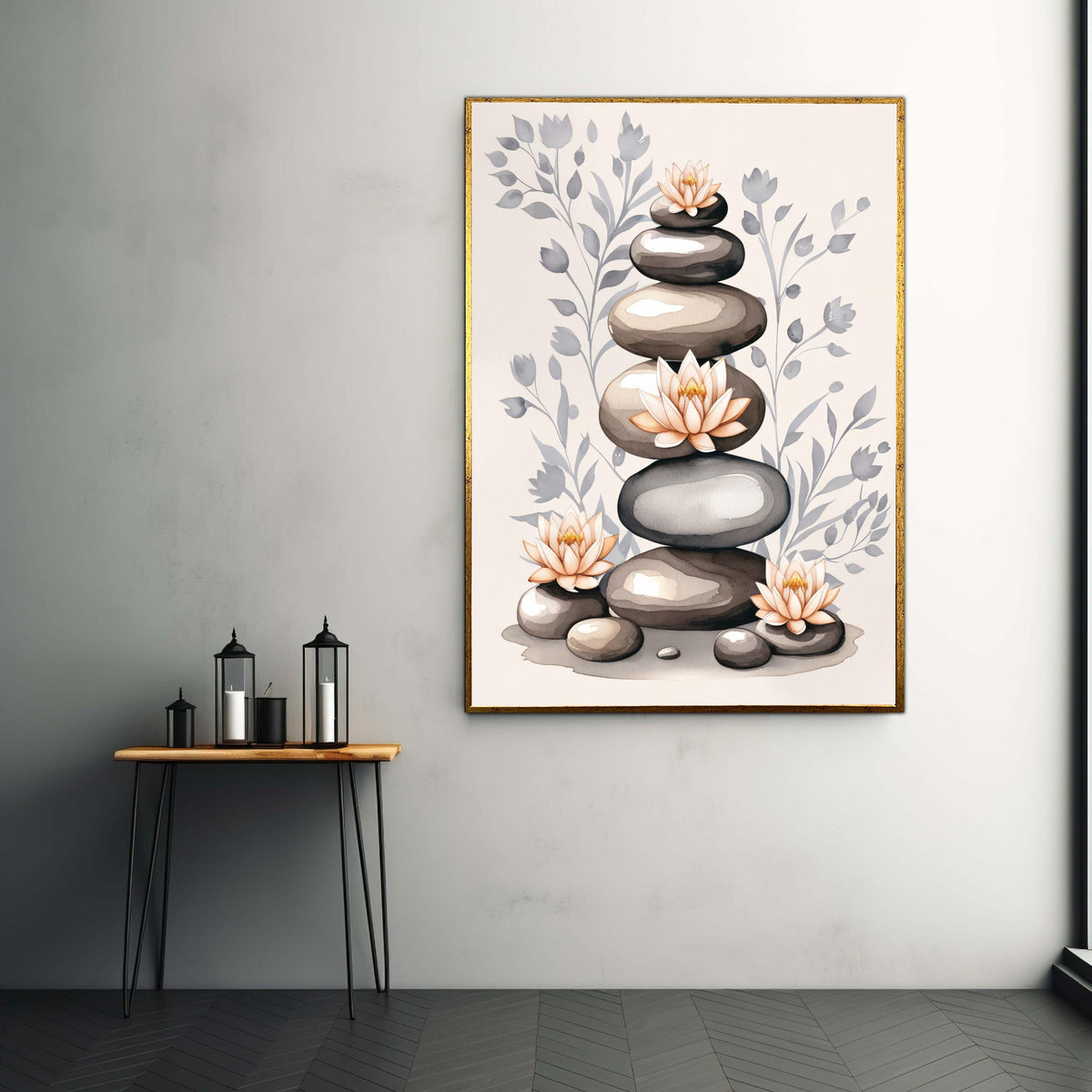 Stacked Zen Stones Canvas, Lotus Flower Watercolor Art, Serene Meditation Print, Minimalist Spiritual Decor, Grey Pink Yoga Gift