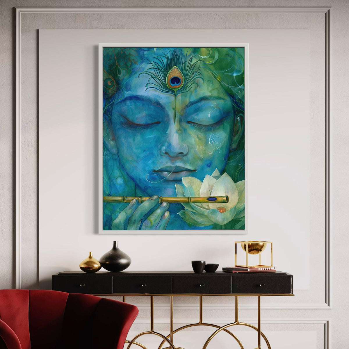 Krishna Canvas Art, Janmashtami Flute Peacock Print, Lotus Watercolor Effect, Hindu God Serene Meditation, Spiritual Blue Green Decor