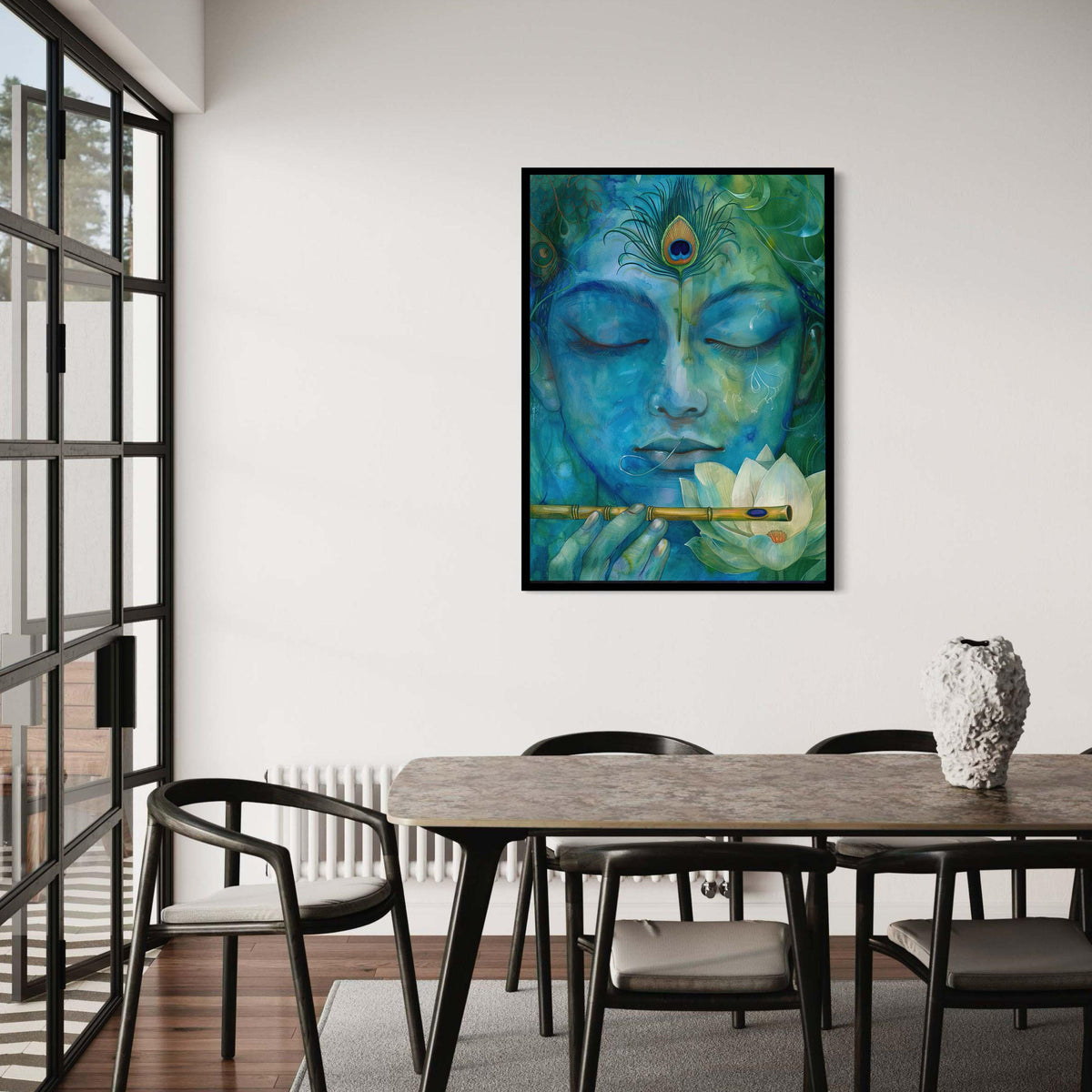 Krishna Canvas Art, Janmashtami Flute Peacock Print, Lotus Watercolor Effect, Hindu God Serene Meditation, Spiritual Blue Green Decor