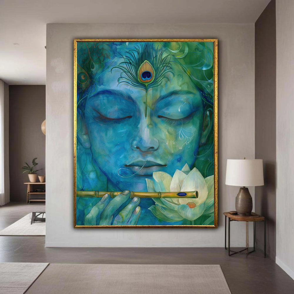Krishna Canvas Art, Janmashtami Flute Peacock Print, Lotus Watercolor Effect, Hindu God Serene Meditation, Spiritual Blue Green Decor