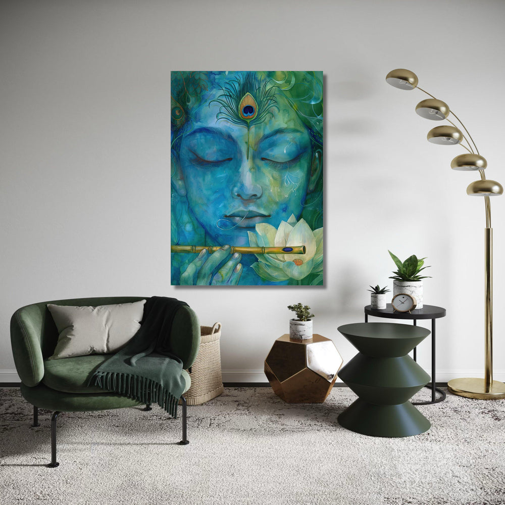 Krishna Canvas Art, Janmashtami Flute Peacock Print, Lotus Watercolor Effect, Hindu God Serene Meditation, Spiritual Blue Green Decor