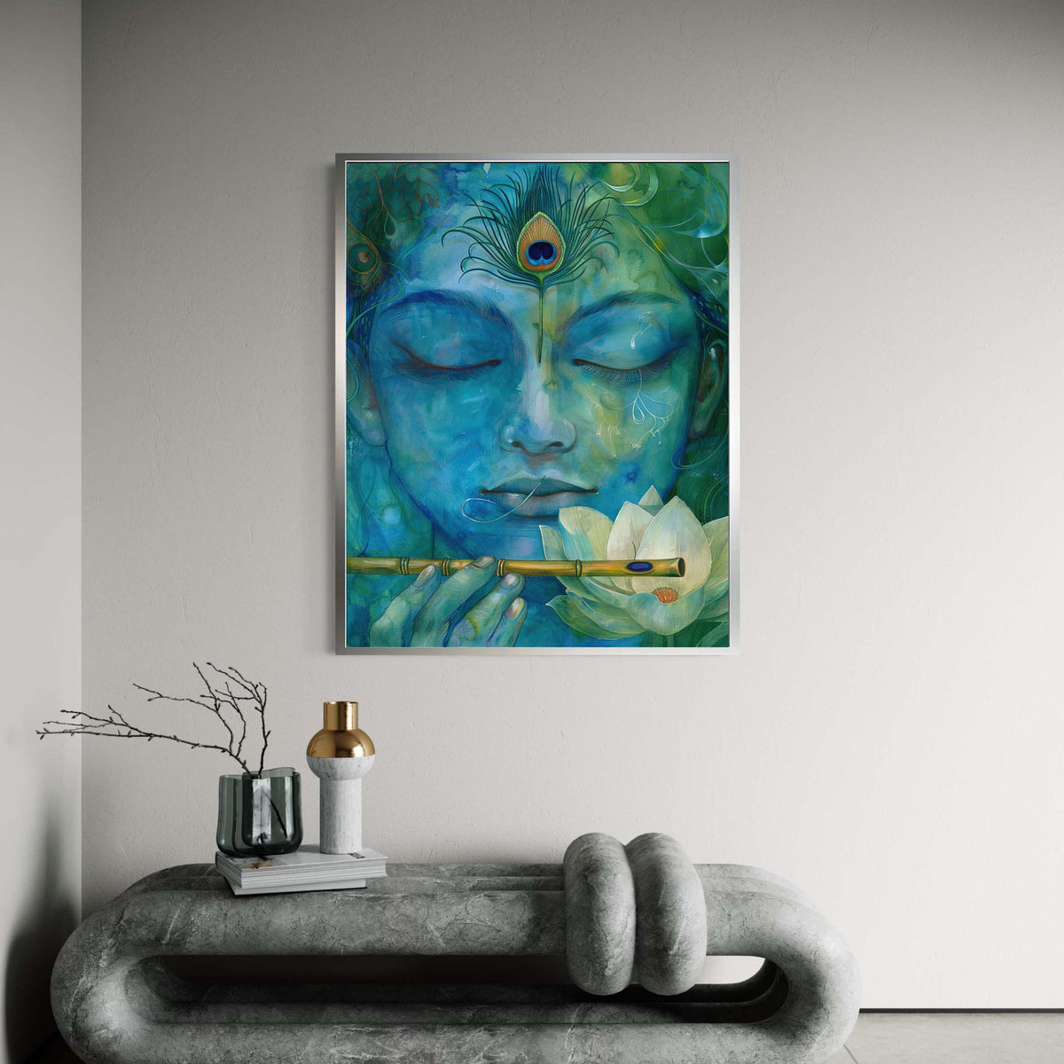 Krishna Canvas Art, Janmashtami Flute Peacock Print, Lotus Watercolor Effect, Hindu God Serene Meditation, Spiritual Blue Green Decor