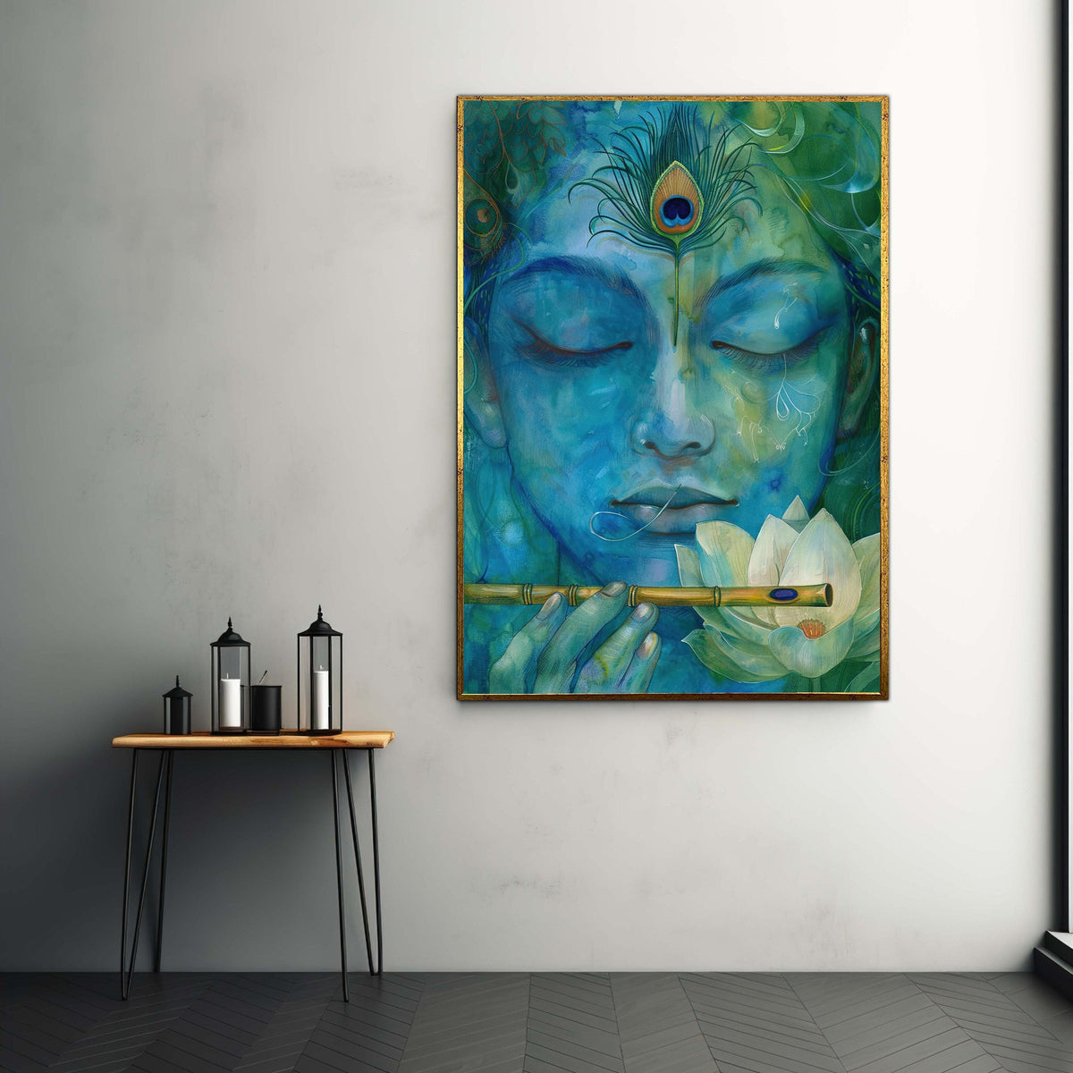 Krishna Canvas Art, Janmashtami Flute Peacock Print, Lotus Watercolor Effect, Hindu God Serene Meditation, Spiritual Blue Green Decor