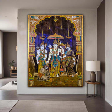 Lord Rama Family Canvas Print, Sita Ram Lakshman Hanuman, Hindu Epic Ramayana Art, Traditional Indian Decor, Spiritual Wall Art Gift for Hom