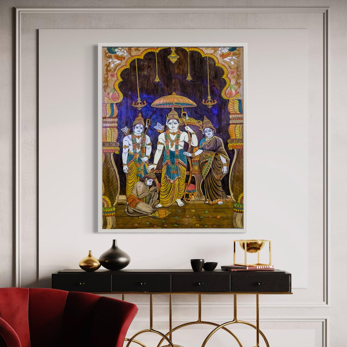 Lord Rama Family Canvas Print, Sita Ram Lakshman Hanuman, Hindu Epic Ramayana Art, Traditional Indian Decor, Spiritual Wall Art Gift for Hom