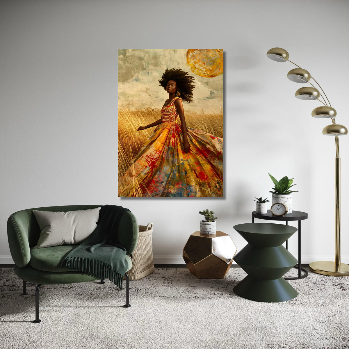 African Woman Colorful Gown Canvas Print, Afro Beauty Art, Ethereal Field Portrait, Painterly Style Fashion Wall Decor, Empowering Art Gift