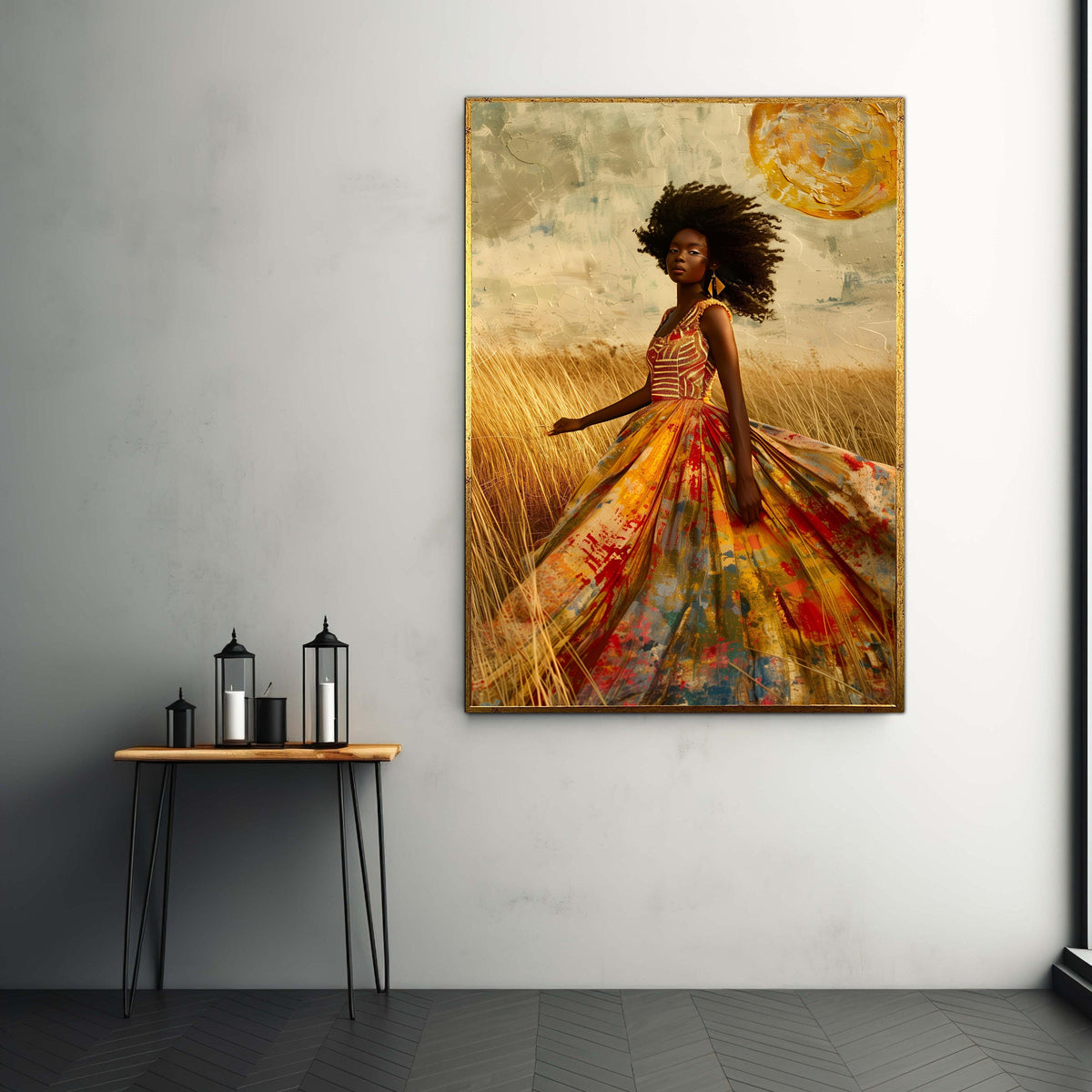 African Woman Colorful Gown Canvas Print, Afro Beauty Art, Ethereal Field Portrait, Painterly Style Fashion Wall Decor, Empowering Art Gift