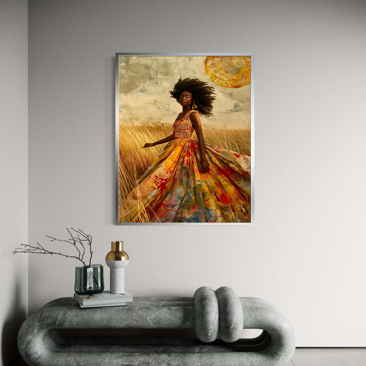 African Woman Colorful Gown Canvas Print, Afro Beauty Art, Ethereal Field Portrait, Painterly Style Fashion Wall Decor, Empowering Art Gift