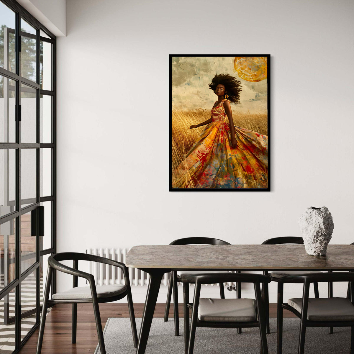 African Woman Colorful Gown Canvas Print, Afro Beauty Art, Ethereal Field Portrait, Painterly Style Fashion Wall Decor, Empowering Art Gift