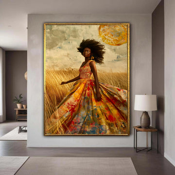 African Woman Colorful Gown Canvas Print, Afro Beauty Art, Ethereal Field Portrait, Painterly Style Fashion Wall Decor, Empowering Art Gift