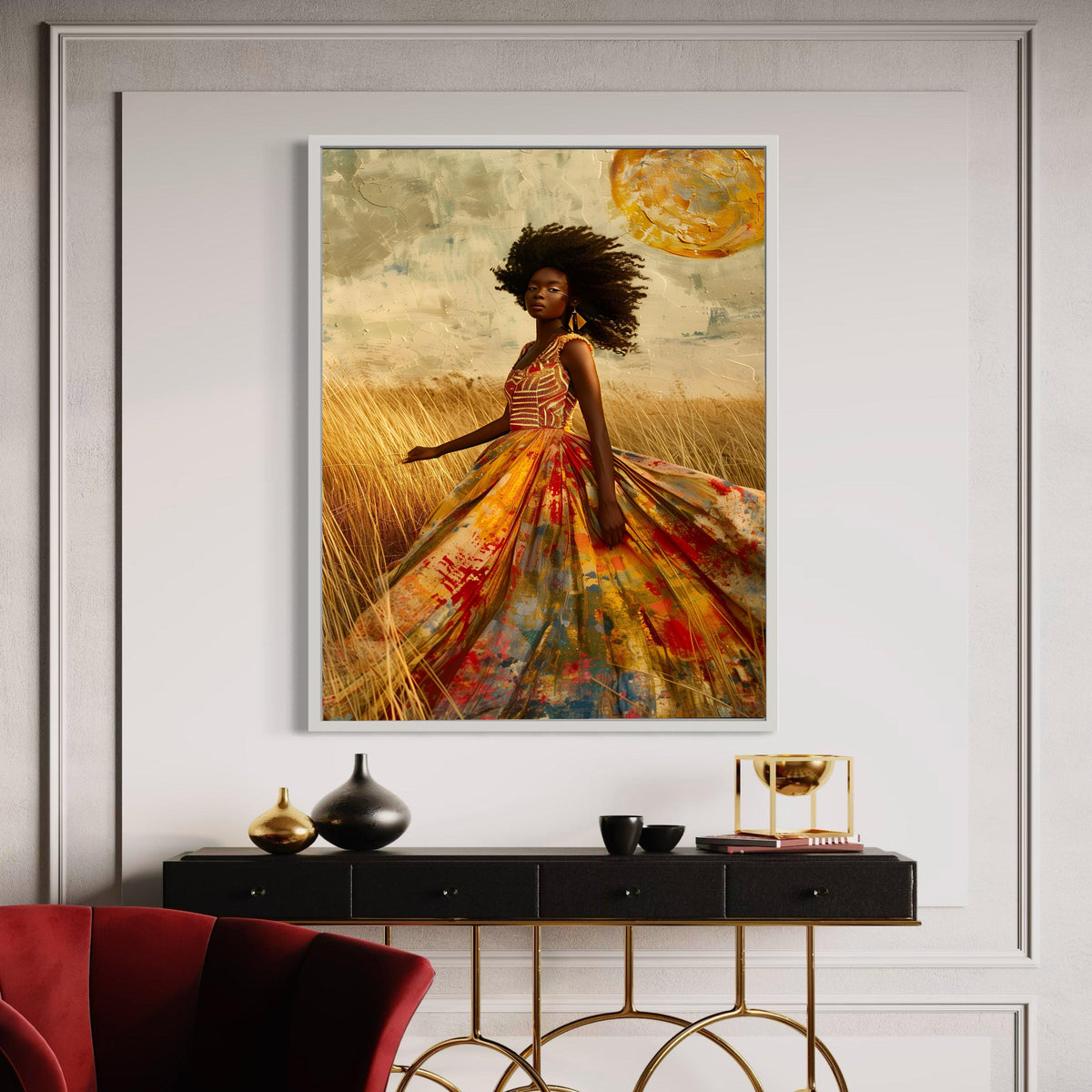 African Woman Colorful Gown Canvas Print, Afro Beauty Art, Ethereal Field Portrait, Painterly Style Fashion Wall Decor, Empowering Art Gift