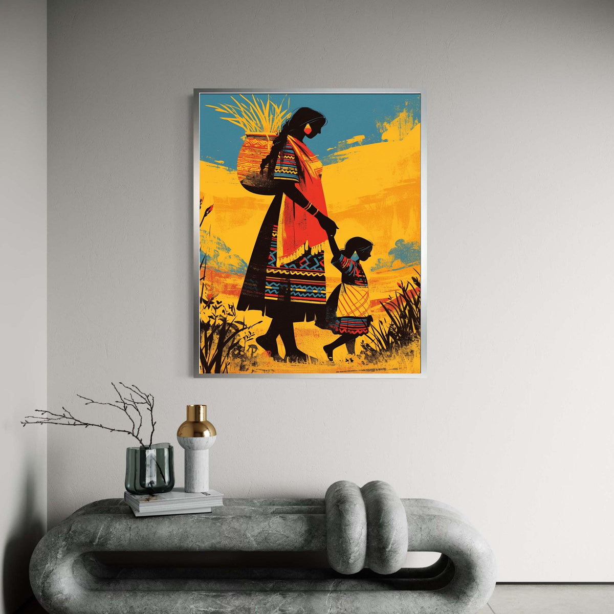 Mother and Child Canvas Art, African Inspired Print, Silhouette Family Wall Decor, Colorful Ethnic Art, Love and Connection Home Art