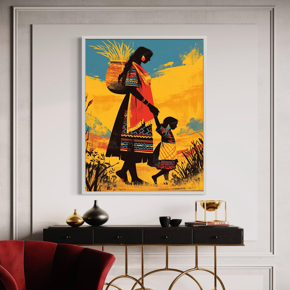Mother and Child Canvas Art, African Inspired Print, Silhouette Family Wall Decor, Colorful Ethnic Art, Love and Connection Home Art