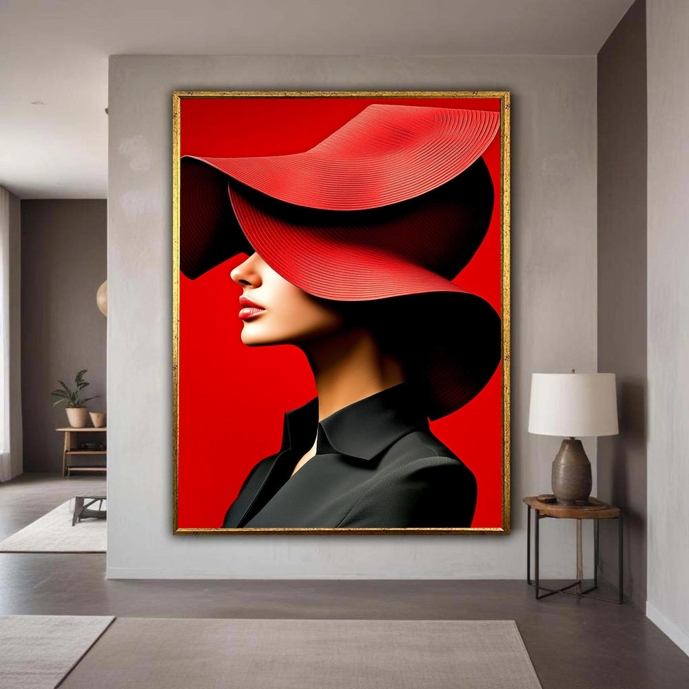 Modern Woman Red Hat Canvas Print, Chic Fashion Art, Red Lipstick Profile Portrait, Bold Minimalist Wall Decor, Striking Red Black Artwork