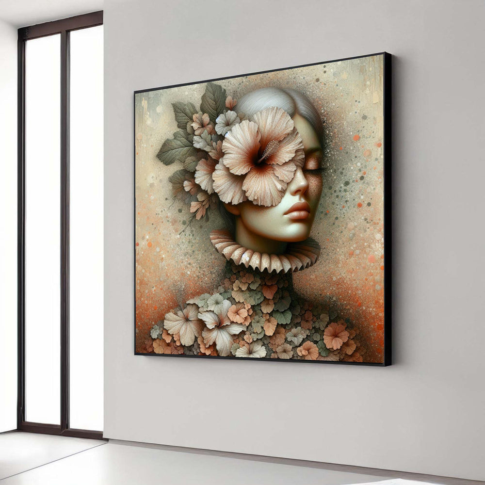 Ethereal Woman Floral Portrait Canvas, Hibiscus Flower Eye Art Print, Surreal Nature Beauty Wall Decor, Dreamy Feminine Artwork Gift