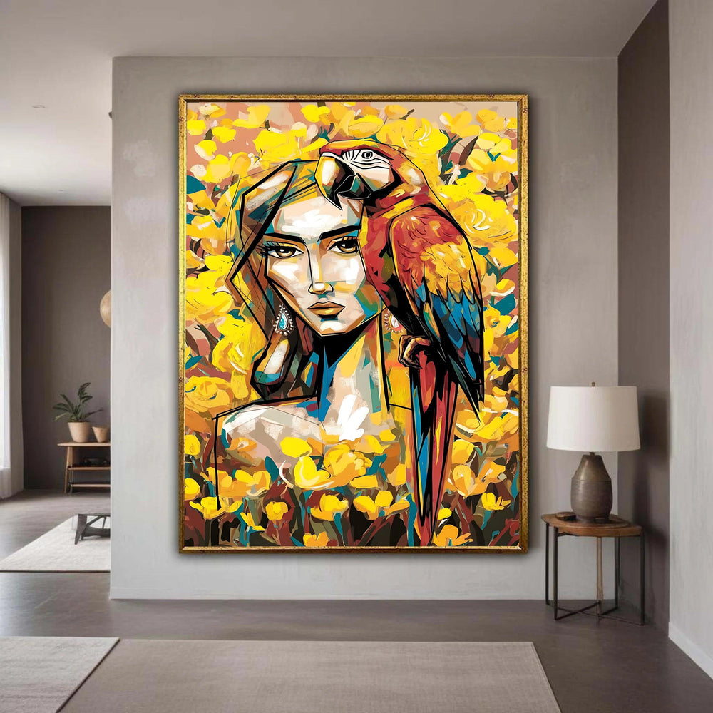 Woman with Parrot Canvas Art, Vibrant Expressive Portrait Print, Colorful Tropical Bird Painting Style, Modern Figurative Wall Decor Gift