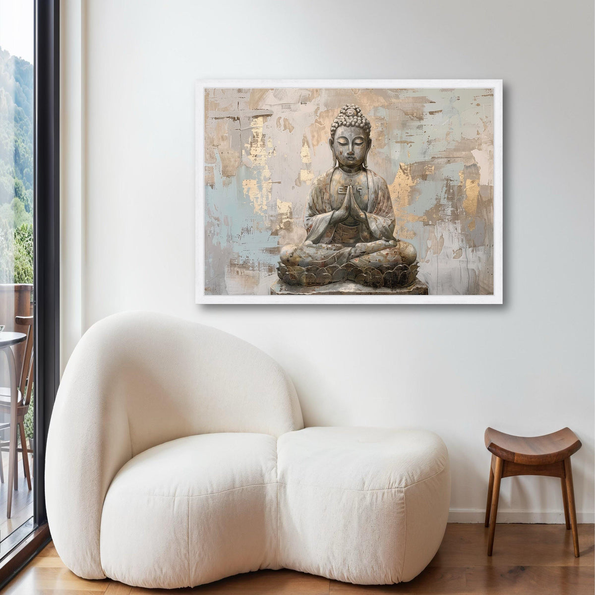 Meditating Buddha Canvas Print, Serene Spiritual Wall Art, Zen Home Decor with Gold Accents, Peaceful Buddha Statue Painting Style Artwork