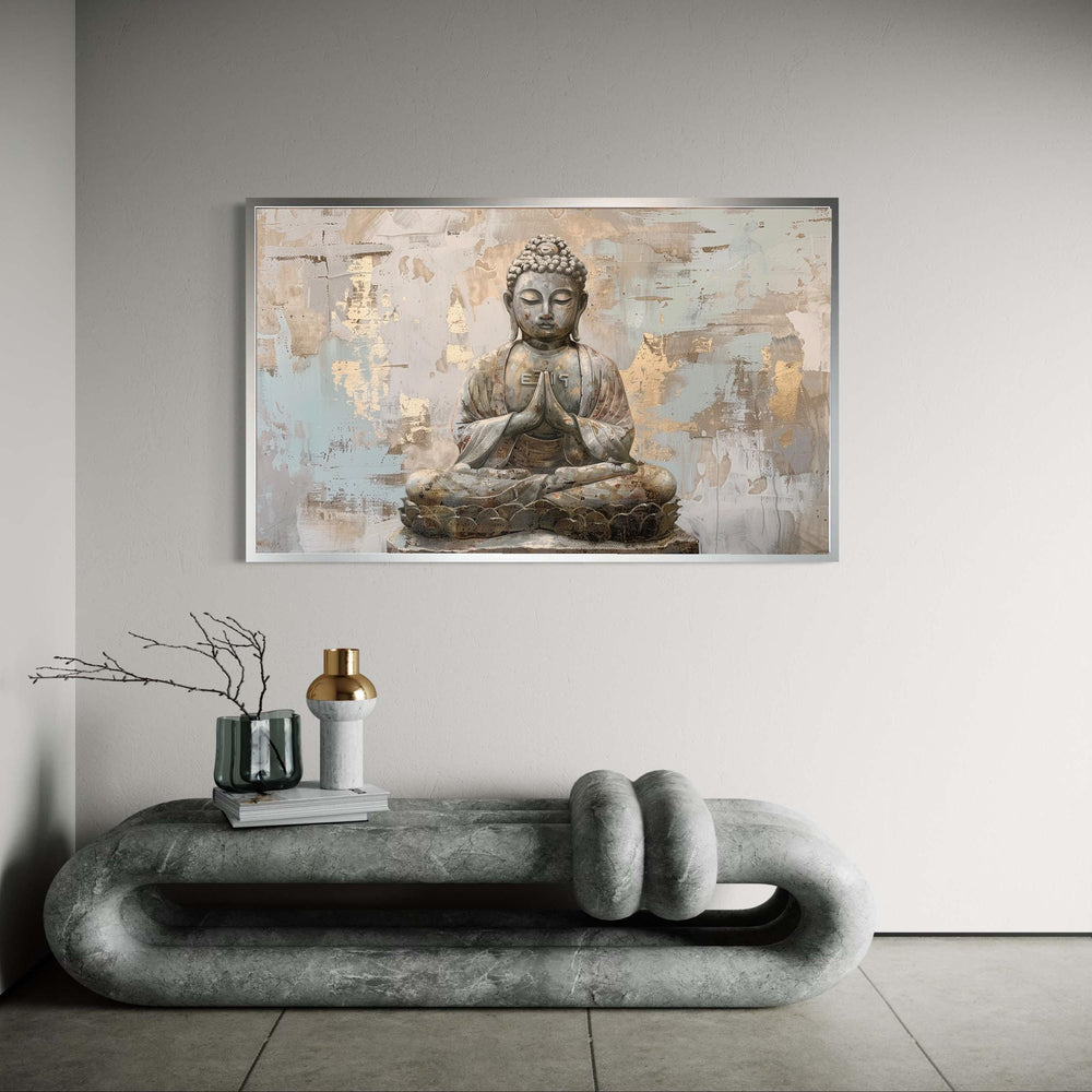 Meditating Buddha Canvas Print, Serene Spiritual Wall Art, Zen Home Decor with Gold Accents, Peaceful Buddha Statue Painting Style Artwork
