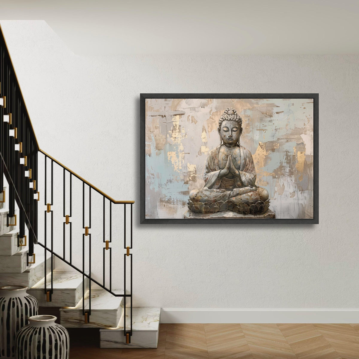 Meditating Buddha Canvas Print, Serene Spiritual Wall Art, Zen Home Decor with Gold Accents, Peaceful Buddha Statue Painting Style Artwork