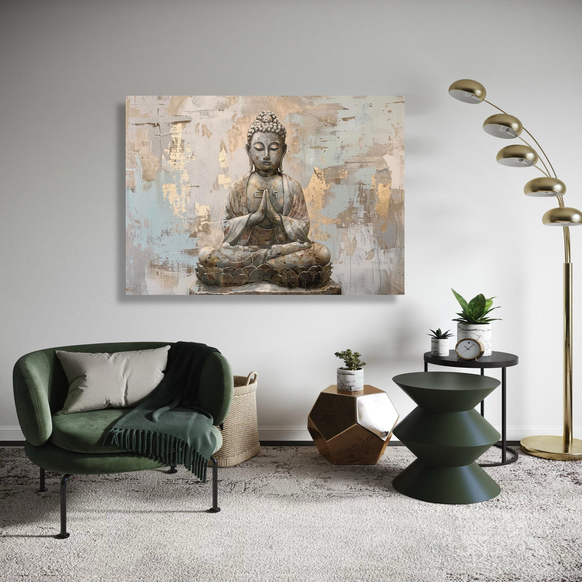 Meditating Buddha Canvas Print, Serene Spiritual Wall Art, Zen Home Decor with Gold Accents, Peaceful Buddha Statue Painting Style Artwork