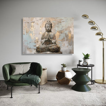 Meditating Buddha Canvas Print, Serene Spiritual Wall Art, Zen Home Decor with Gold Accents, Peaceful Buddha Statue Painting Style Artwork