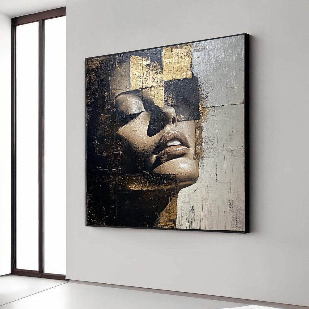 Contemporary Woman Portrait Canvas, Gold Silver Accent Art Print, Modern Expressive Face Wall Decor, Emotive Fragmented Style Artwork