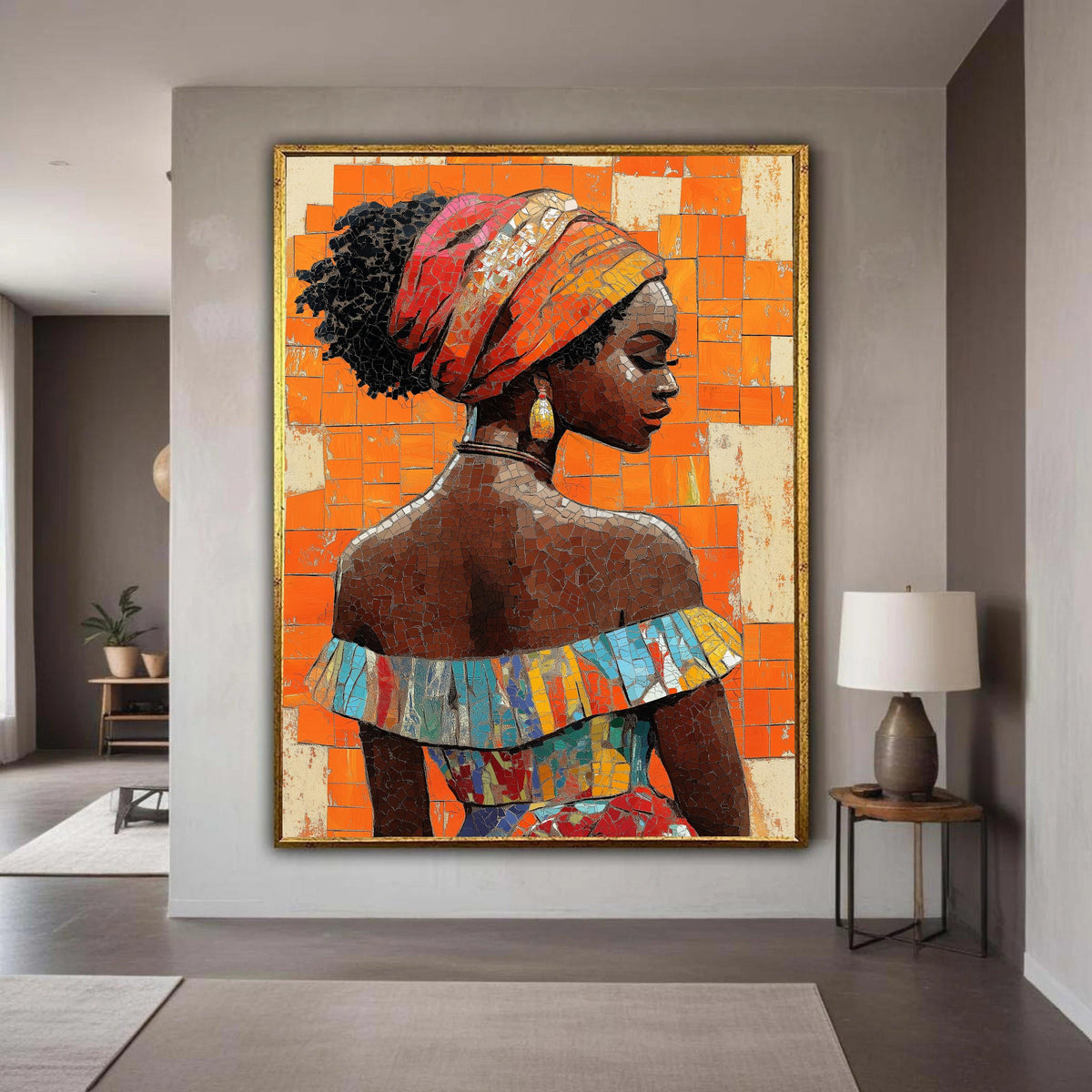 African Woman Colorful Headdress Canvas, Mosaic Style Portrait Art, Vibrant Cultural Wall Decor, Modern Ethnic Beauty Print Gift
