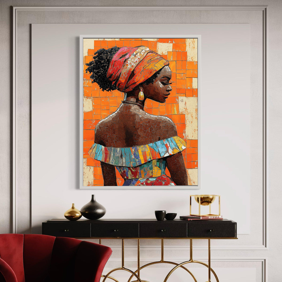 African Woman Colorful Headdress Canvas, Mosaic Style Portrait Art, Vibrant Cultural Wall Decor, Modern Ethnic Beauty Print Gift