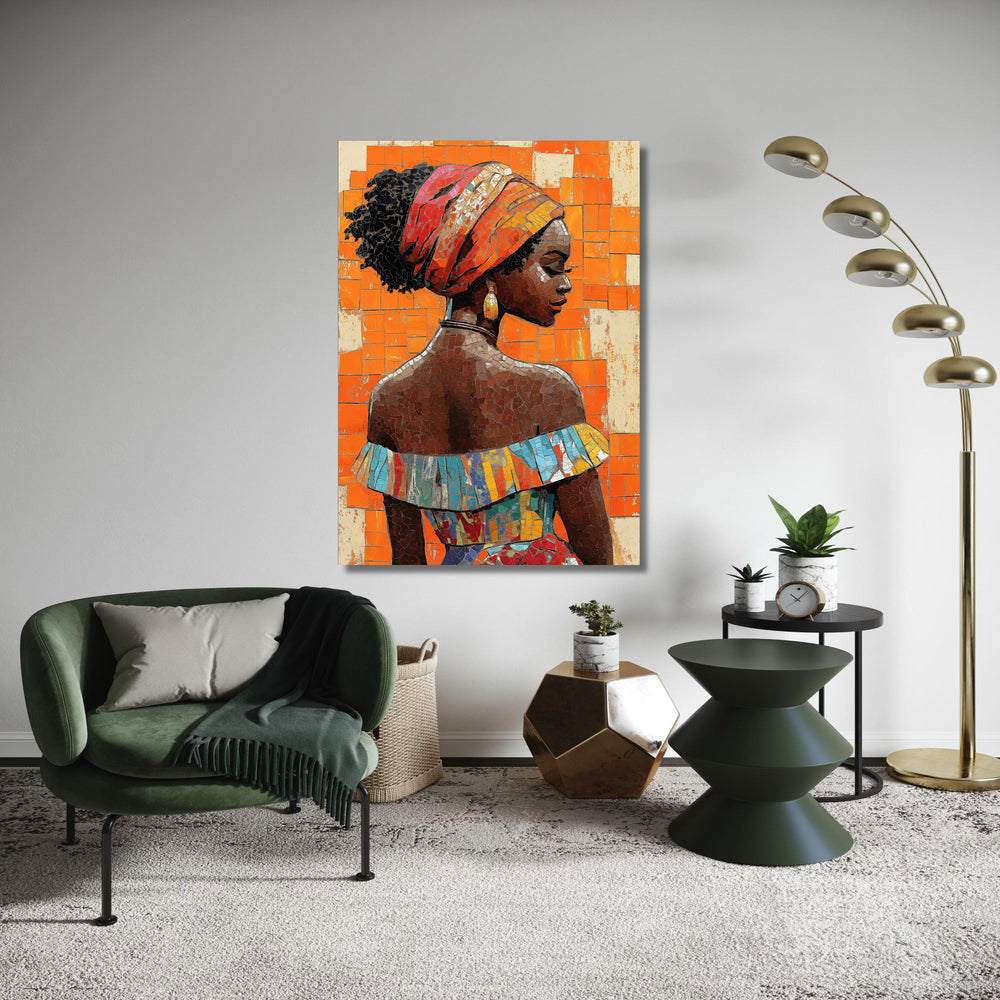 African Woman Colorful Headdress Canvas, Mosaic Style Portrait Art, Vibrant Cultural Wall Decor, Modern Ethnic Beauty Print Gift