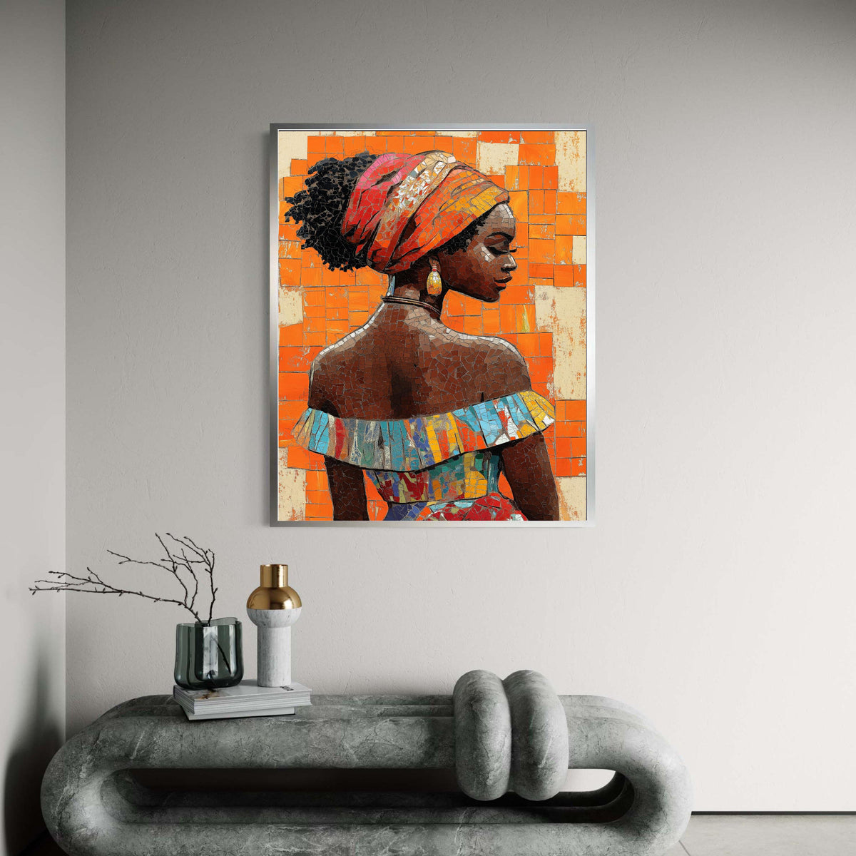 African Woman Colorful Headdress Canvas, Mosaic Style Portrait Art, Vibrant Cultural Wall Decor, Modern Ethnic Beauty Print Gift