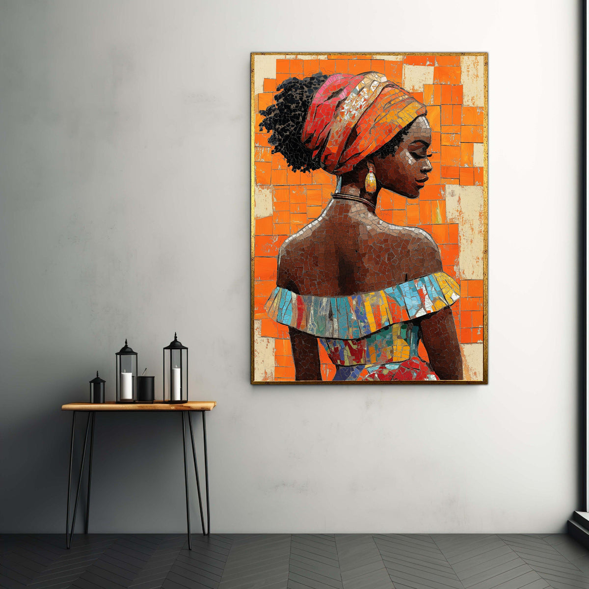 African Woman Colorful Headdress Canvas, Mosaic Style Portrait Art, Vibrant Cultural Wall Decor, Modern Ethnic Beauty Print Gift